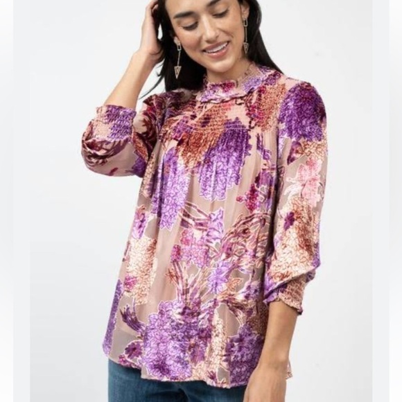 Ivy Jane velvet burnout blouse mock neck smocked chest and wrist hem - Picture 1 of 10